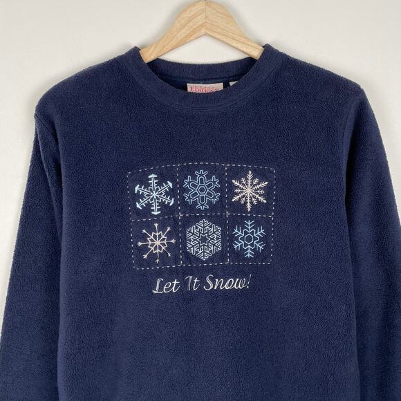 90s VTG Fleece Snowflake Embroidered Sweater Navy Blue Holiday Sweatshirt Size S - Picture 2 of 9